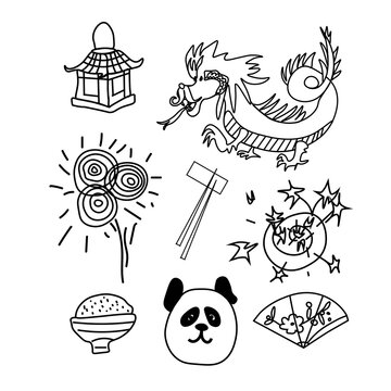 Vector set of illustrations for the Chinese New Year. Collection of images with rice plate, panda, chopsticks, dragon, sakura, fan, fireworks.Designs for cards, packaging, social media, posters.