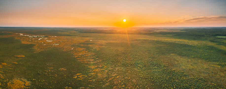 Miory District, Vitebsk Region, Belarus. The Yelnya Swamp. Upland And Transitional Bogs With Numerous Lakes. Elevated Aerial View Of Yelnya Nature Reserve Landscape. Famous Natural Landmark. Panorama © Grigory Bruev