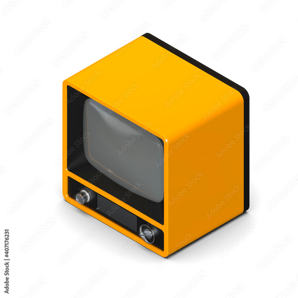 Poster isometric view of a modern retro style yellow tv. 3d rendering isolated on white.