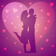 Vector illustration for Valentine's Day. Couple in love kissing on background of hearts