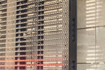 LED Outdoor Media Facade, digital signage screen. Exterior facade light, wall LED pixels light, architectural media lights.