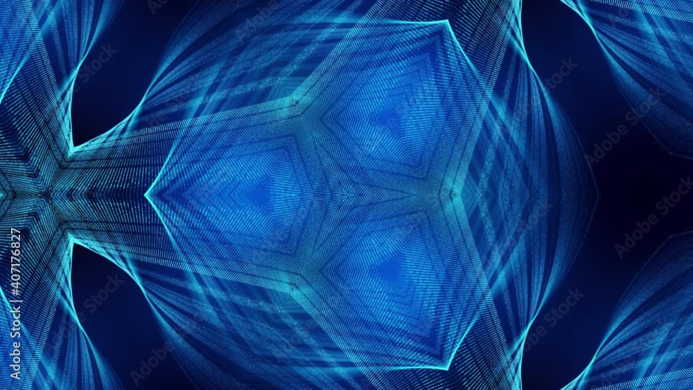 Aufkleber 4k looped abstract blue background of glow particles form curved lines, surfaces simmetrical structu