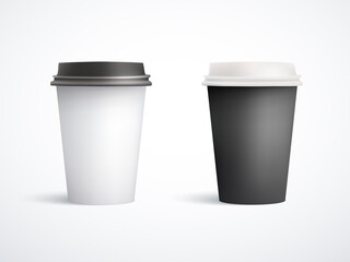 Set of mock paper cups with plastic lid. Vector illustration isolated on white background. EPS10
