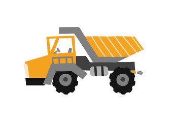 Vector illustration of a dump truck. Mining dump truck. Yellow car. Flat illustration on a white isolated background. Cute baby car