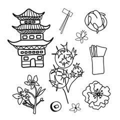Vector set of illustrations for the Chinese New Year. Collection of images pagoda,cooked chicken,coin,money chopsticks,sakura.Designs for cards,packaging,social media,posters, coloring, web,banner.
