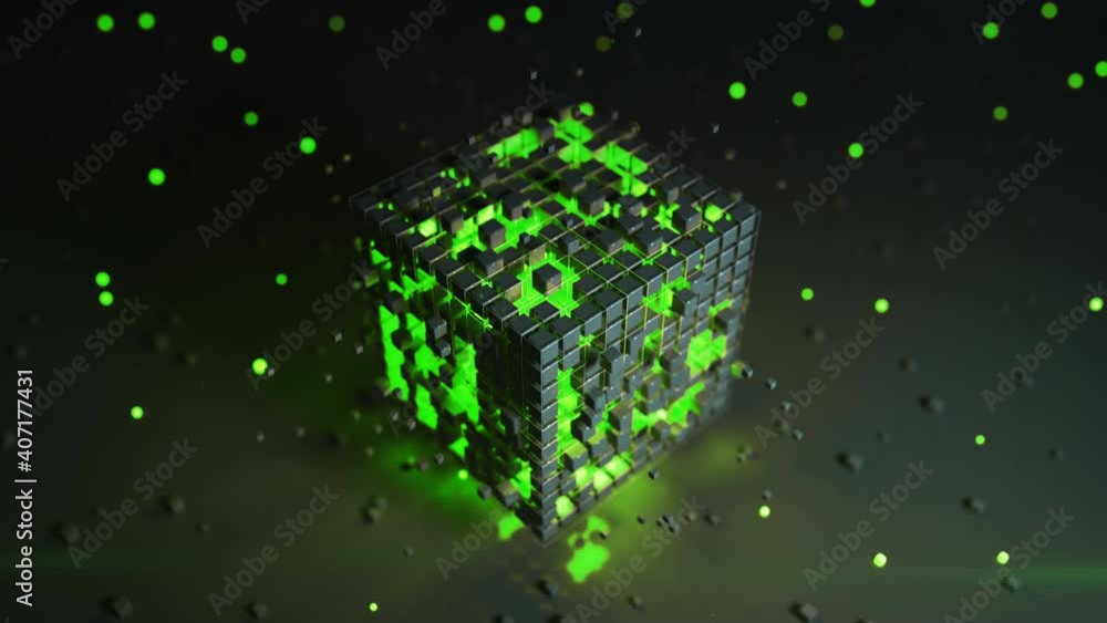 Poster futuristic cube with glowing green elements. science fiction technology design. seamless loop 3d ren