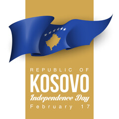illustration festive banner with state flag of The Republic of Kosovo. Card with flag and coat of arms Happy Republic of Kosovo Day 2021. picture banner February 17 of foundation day