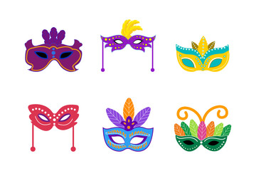 set of mardi gras carnival party colorful masks with feathers. Fat tuesday, carnival, festival. Vector isolated on white background. For greeting card, banner, gift packaging, poster.  
