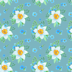 Watercolor illustration with forget-me-nots,myosotis,daffodil on a gray background