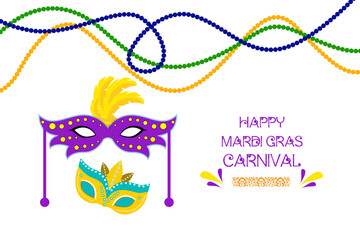 mardi gras carnival party design with colorful masks beads. Fleur-de-Lis lily symbol for masquerade carnival. american new orleans fat tuesday celebration poster greeting card. australian mardi gras 
