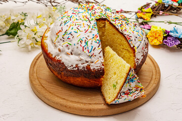 Easter cake on white putty background. Traditional Orthodox festive bread