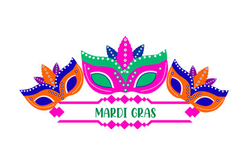 mardi gras carnival party design with cartoon colorful masks . Fat tuesday, carnival, festival. Vector isolated on white background. For greeting card, banner, gift packaging, poster. 

