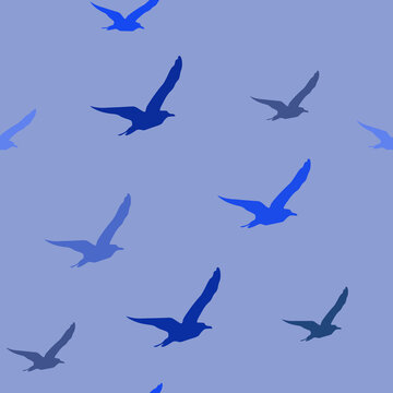 Seamless pattern with flying seagulls on blue background, vector eps 10