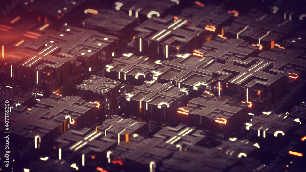 Poster sci-fi composition of illuminating cubes float 3d rendering illustration