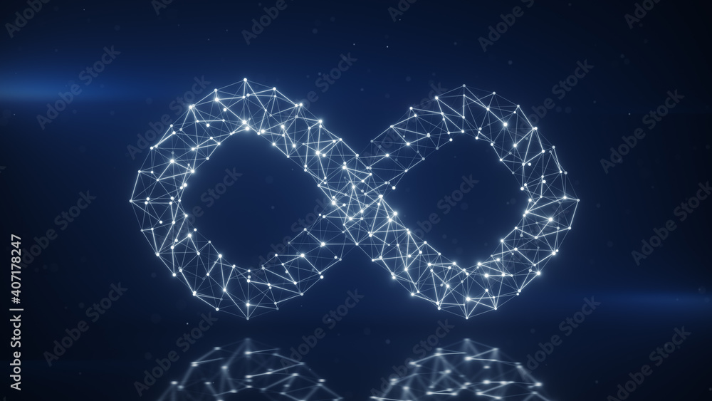 Poster infinity symbol of dots and connecting lines 3d rendering illustration