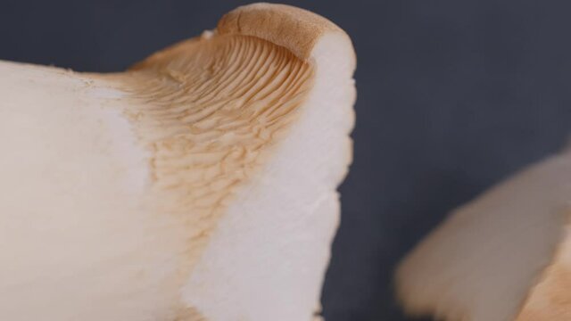 Cross section of fresh king oyster mushrooms on dark board