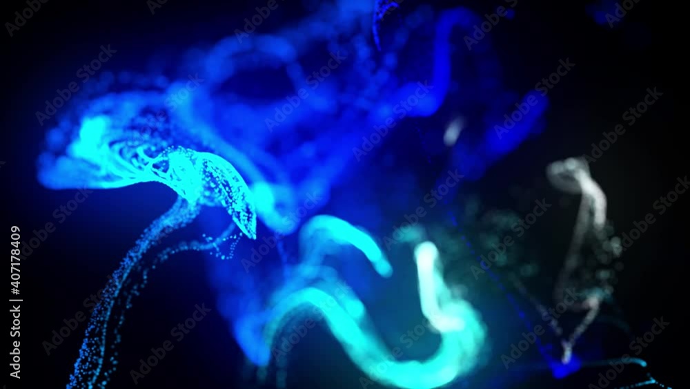 Poster injection of fluorescent blue ink in water in 4k. 3d render of glow particles in ink flow. luma matt