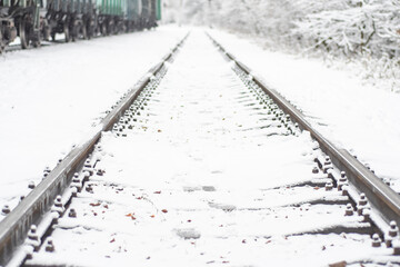 Empty railway tracks in the winter forest. Snow-covered rails and semaphores between trees.