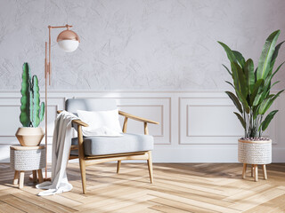 Modern mid century interior of living room , armchairs with plant on white wall with frame mockup ,3d render...