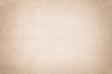 Beige matte background of suede fabric with vignette. Texture of velvet textile.
