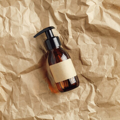 Amber glass soap or shampoo dispenser bottle on crumpled paper, top view. Packaging design for...