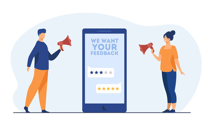 Online shop managers asking clients for feedback. Screen, rate, people with megaphone. Flat vector illustration. Marketing, customer satisfaction concept for banner, website design or landing web page