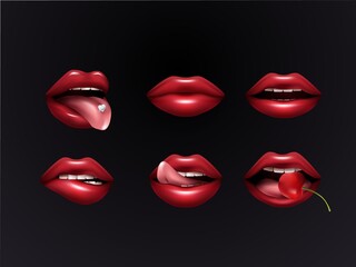 Red female lips set isolated on dark background. Lips with cherry in your mouth, tongue, teeth for your design. vector illustration