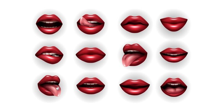 Large set of Women's lips painted red lipstick isolated vector illustration. Open mouth, tongue out.