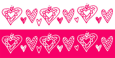 a set of banner sketches with a striped hand-drawn pattern of bright pink vector hearts on a white background and white hearts on a pink background . Background illustration of the background. Decorat