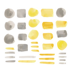 Vector illustration: hand drawn yellow and gray watercolor paint strokes, circles and rectangles