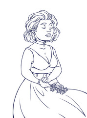 Cute cartoon girl holds in her hands a branch of flowers. Hand drawing illustration in outline on a white background