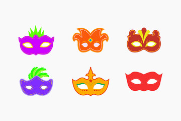 set of colorful cartoon masks with feathers mardi gras carnival party . Fat tuesday, carnival, festival. 
