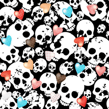 Skulls pattern with colorful hearts.