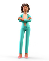 3D illustration of standing african american woman with arms crossed. Portrait of cartoon smiling elegant businesswoman in green suit, isolated on white background.