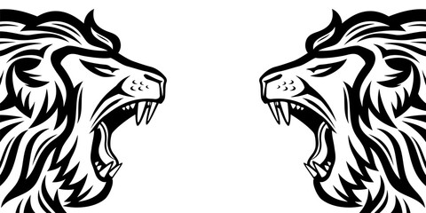 Two angry roaring lions on a white background.