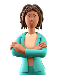 3D illustration of beautiful african american woman with arms crossed. Close up portrait of cartoon smiling elegant businesswoman in green suit, isolated on white background.
