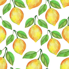 Seamless pattern, watercolor illustration, lemon with branch, tropical fruit and flowers, background for different design, ornament for wallpaper and fabric