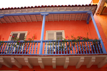 Detail of a colonial house. Typical balcony. Spanish colonial home. Cartagena de Indias, Colombia.