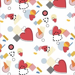 Fashionable seamless geometric pattern for Valentine's day. Vector illustration with linear elements and geometric shapes. Invitation background design, Memphis fashion brochure template.