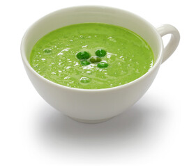 fresh green pea soup isolated on white background