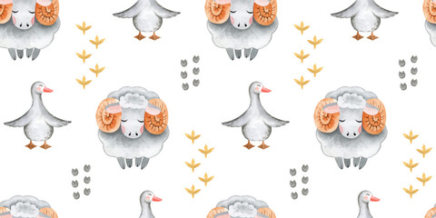 watercolor pattern collection of farm animals and tree houses © Elena