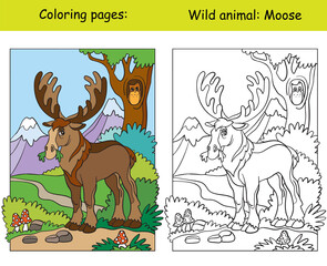 Coloring book page and color template moose