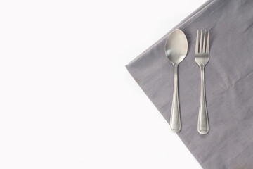 Flat lay isolated picture, practice fork or elegant cutlery silverware empty for kitchen, dinner, catering background with copy space for text.