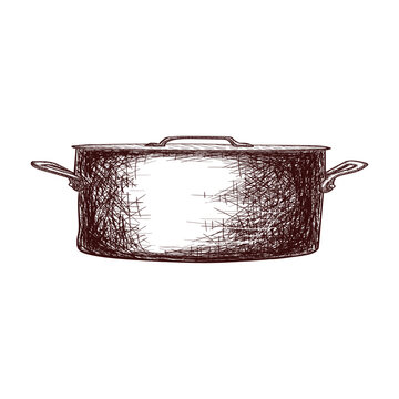 Sketch of a saucepan with a lid contour drawing isolated on white background, stock vector illustration, for design and decoration, sticker, template, vintage, banner, copper cookware