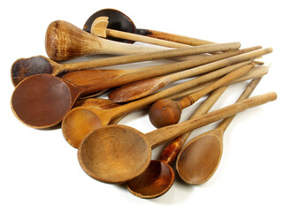 Kitchenware - Old wooden kitchen spoons isolated on white Background