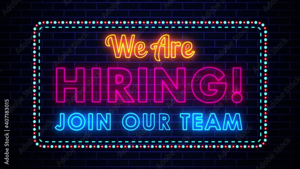 Poster flickering we are hiring join our team lettering glowing light neon sign with motion dotted and dash