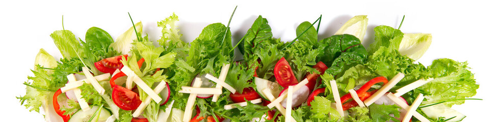 Mixed Salad with sliced Ham and Cheese - Fresh Lettuce Panorama isolated on white Background