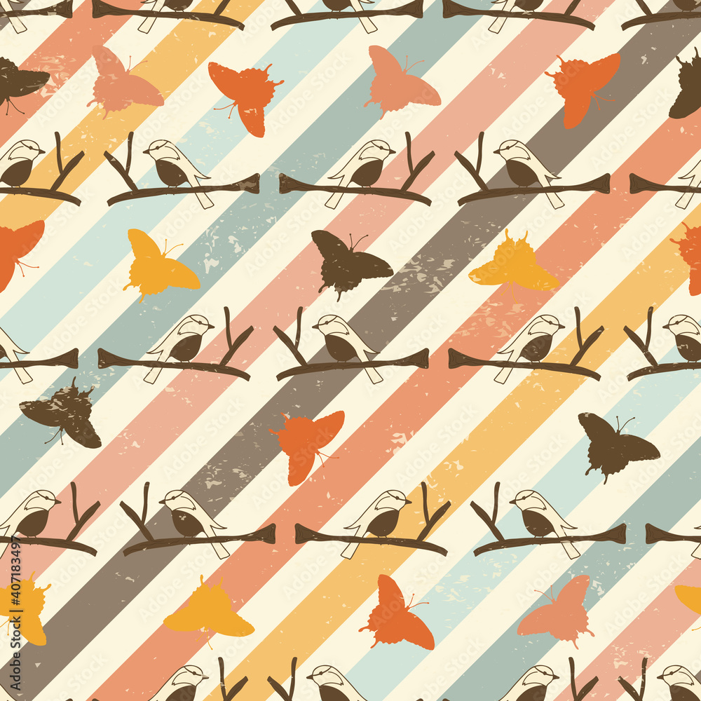 Poster retro colored diagonal stripes with texture, birds and butterflies repeat pattern print background