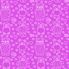 Seamless vector pink pattern with teddy bears, flowers and hearts. Children illustration in doodle style for decor, textile, wrapping paper