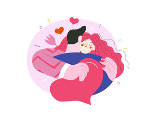 Embracing couple - Valentines day graphics. Modern flat vector concept illustration - a young hetoresexual couple hugging. Woman holds a big heart and flower. Cute characters in love concept